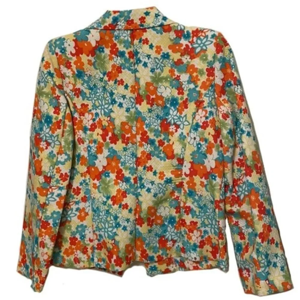 RQT Multicolor Floral Cotton Pique Blazer Jacket Womens Size 12 Vintage Blue - Picture 8 of 12